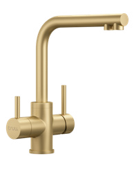 Der truu trio Wasserhahn in der Ausführung matte gold mit eloxiertem Gold-Finish