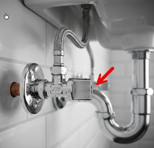 Ein hauseigenes Eckventil mit Rändelrad unter der Küchenspüle, montiert an der Wand mit angeschlossenen Wasserleitungen, wobei ein roter Pfeil auf das Ventil zeigt.